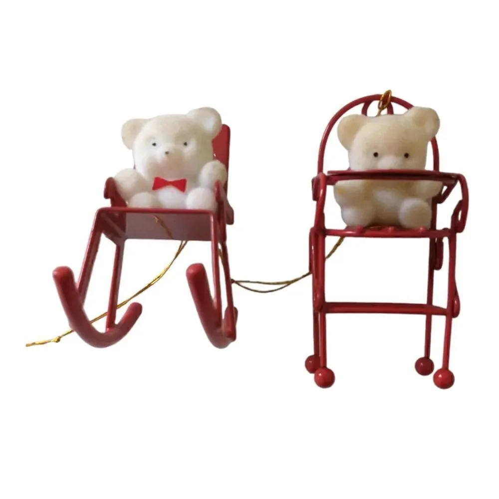 Avon Flocked Teddy Bear Ornament‎ Lot x 2 Red Metal Rocking Chair High Chair.